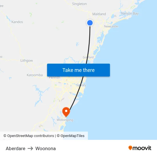 Aberdare to Woonona map