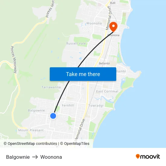 Balgownie to Woonona map