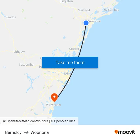 Barnsley to Woonona map