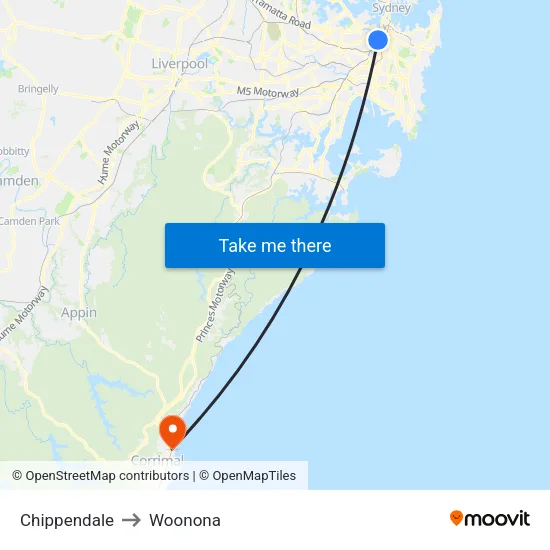 Chippendale to Woonona map