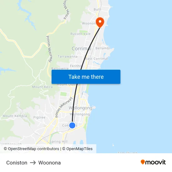Coniston to Woonona map
