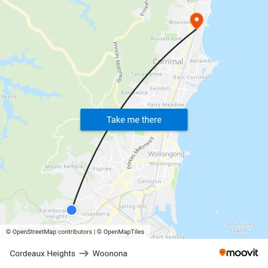 Cordeaux Heights to Woonona map