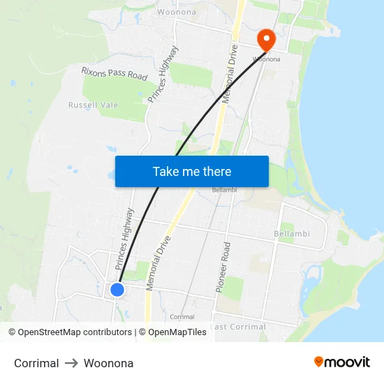 Corrimal to Woonona map