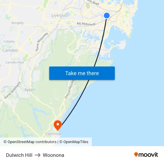 Dulwich Hill to Woonona map