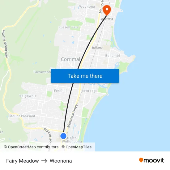 Fairy Meadow to Woonona map