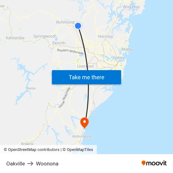 Oakville to Woonona map
