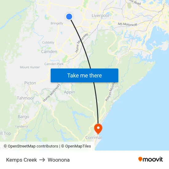 Kemps Creek to Woonona map