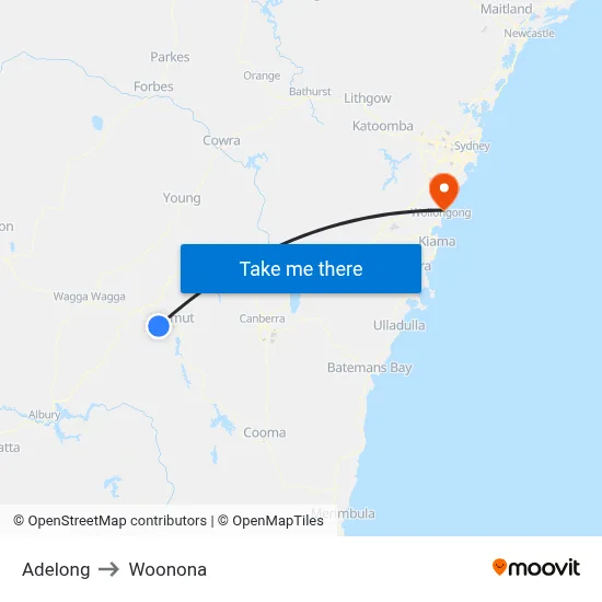 Adelong to Woonona map