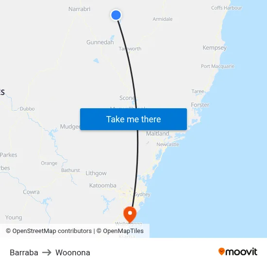 Barraba to Woonona map