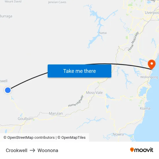 Crookwell to Woonona map