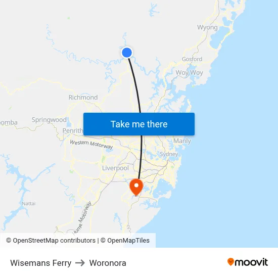 Wisemans Ferry to Woronora map
