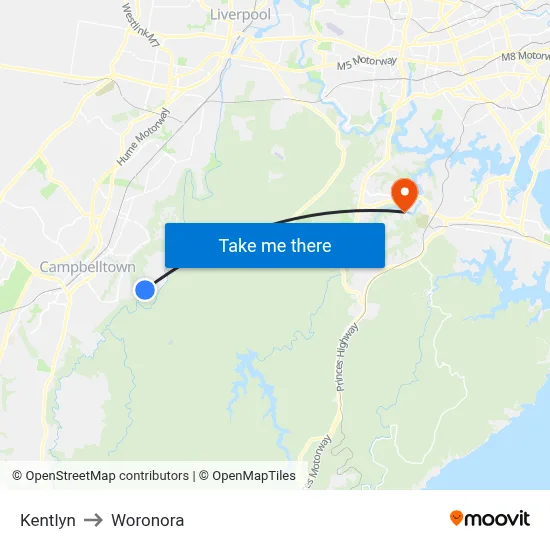 Kentlyn to Woronora map