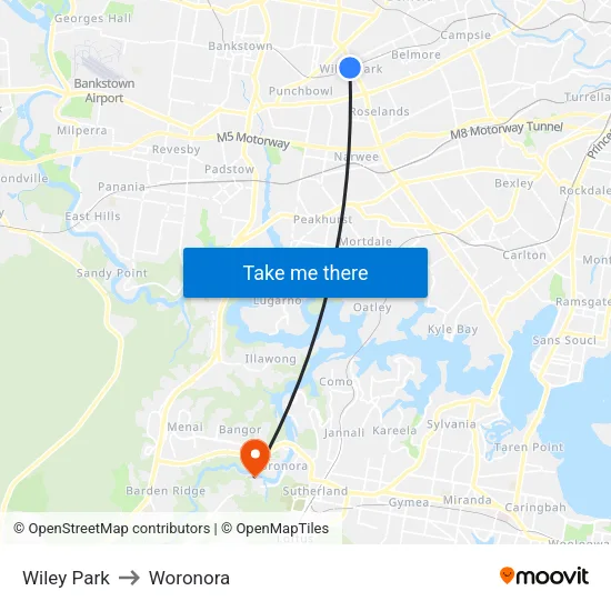Wiley Park to Woronora map