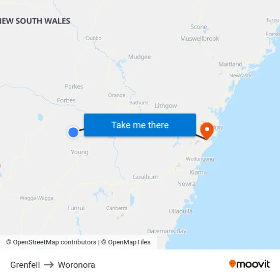 Grenfell to Woronora map