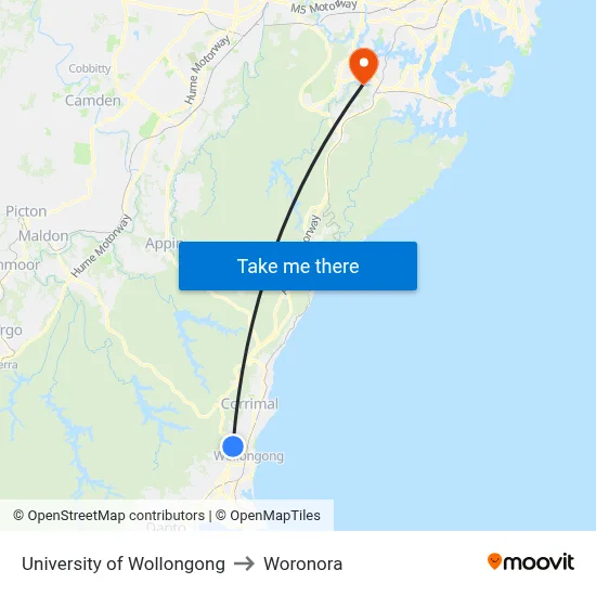 University of Wollongong to Woronora map