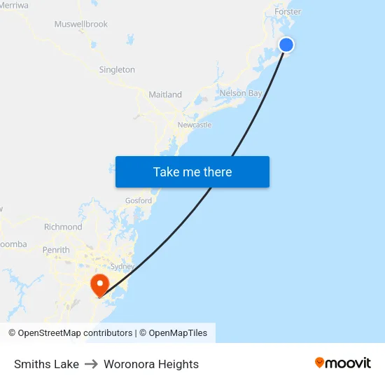Smiths Lake to Woronora Heights map
