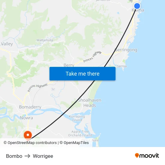 Bombo to Worrigee map