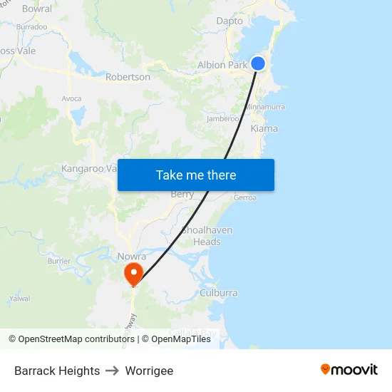 Barrack Heights to Worrigee map
