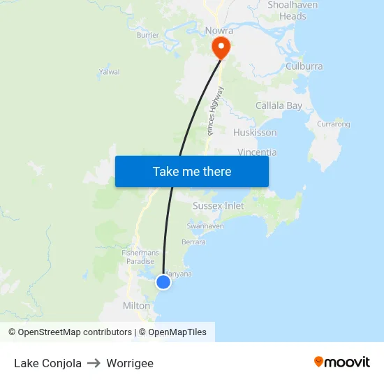 Lake Conjola to Worrigee map