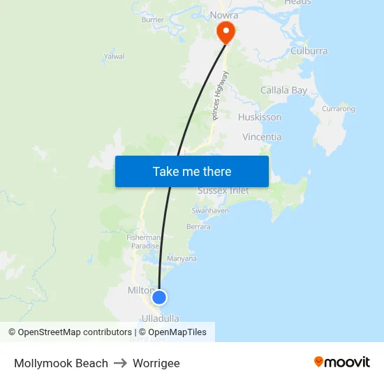 Mollymook Beach to Worrigee map