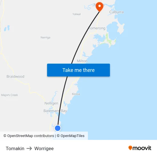 Tomakin to Worrigee map