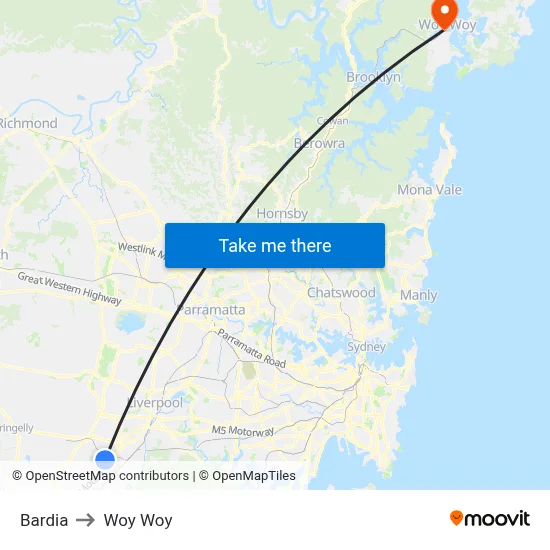 Bardia to Woy Woy map