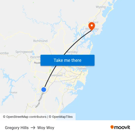 Gregory Hills to Woy Woy map