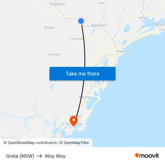 Greta (NSW) to Woy Woy map