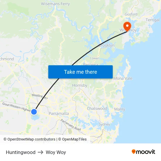 Huntingwood to Woy Woy map