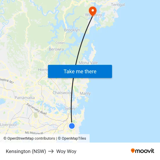 Kensington (NSW) to Woy Woy map