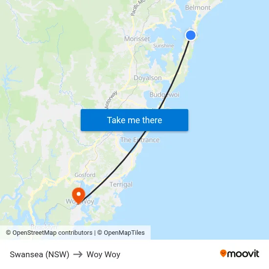 Swansea (NSW) to Woy Woy map