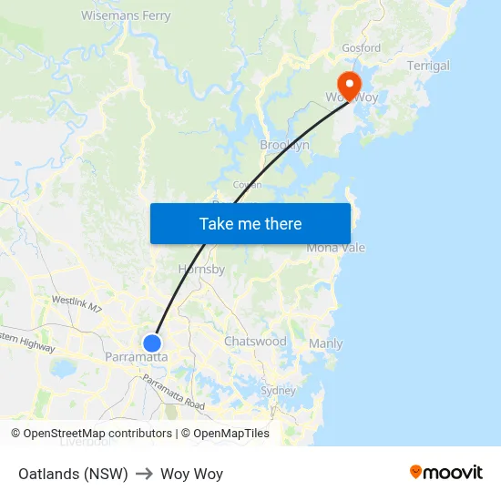 Oatlands (NSW) to Woy Woy map