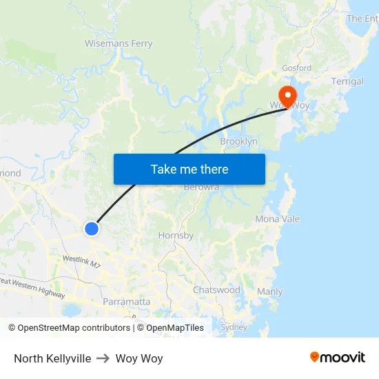 North Kellyville to Woy Woy map