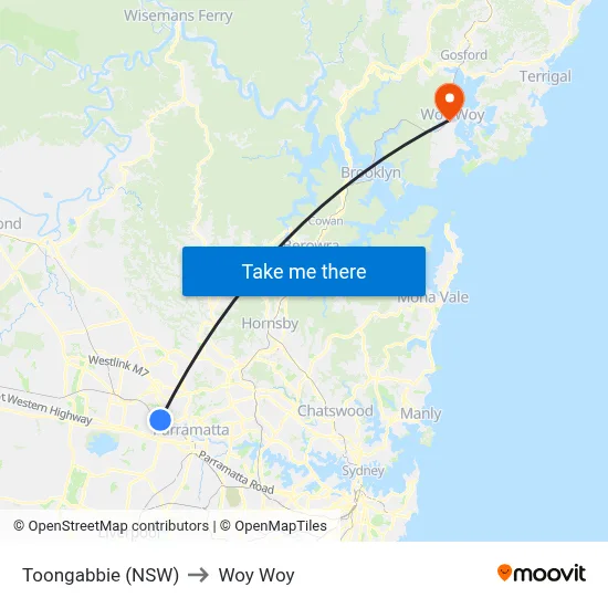 Toongabbie (NSW) to Woy Woy map