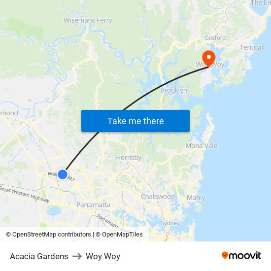 Acacia Gardens to Woy Woy map