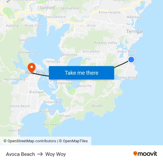 Avoca Beach to Woy Woy map