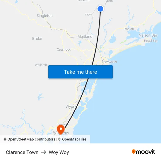Clarence Town to Woy Woy map