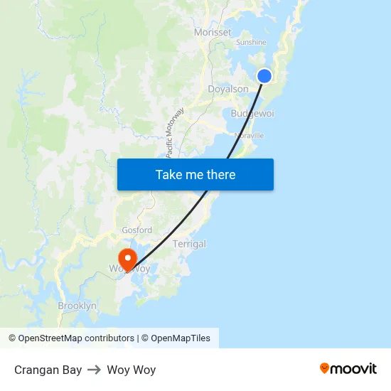 Crangan Bay to Woy Woy map