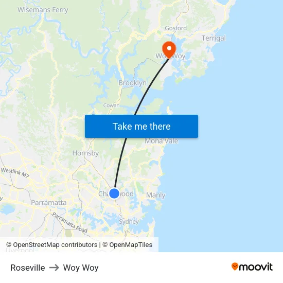Roseville to Woy Woy map