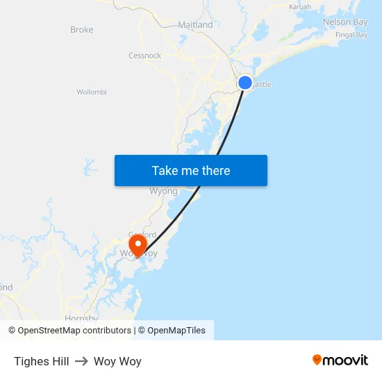 Tighes Hill to Woy Woy map