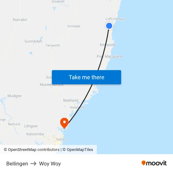 Bellingen to Woy Woy map