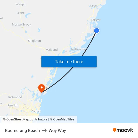 Boomerang Beach to Woy Woy map