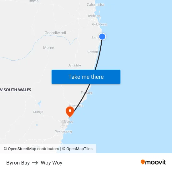 Byron Bay to Woy Woy map
