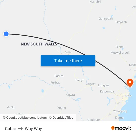 Cobar to Woy Woy map