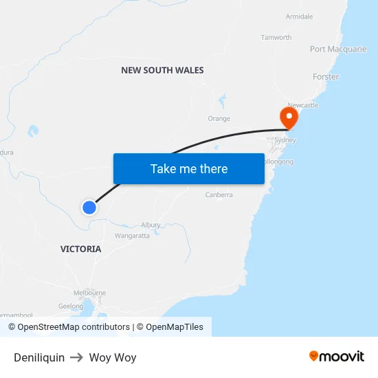 Deniliquin to Woy Woy map