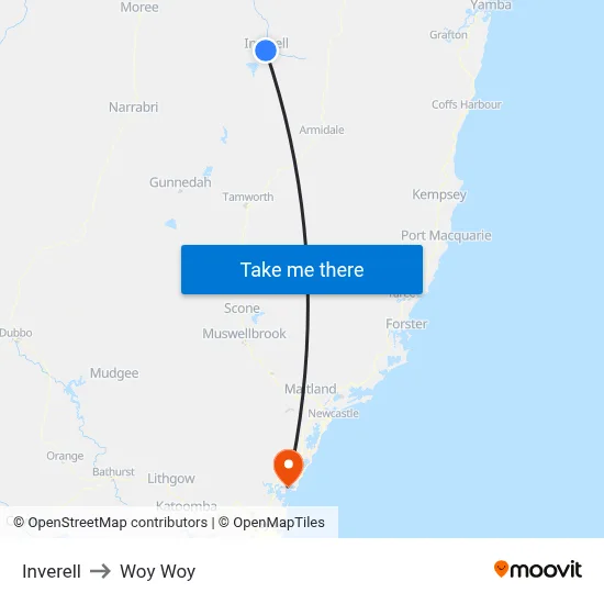 Inverell to Woy Woy map