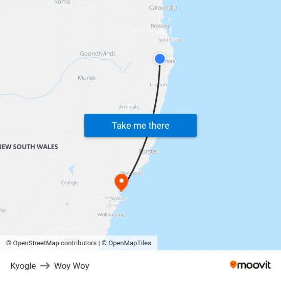 Kyogle to Woy Woy map