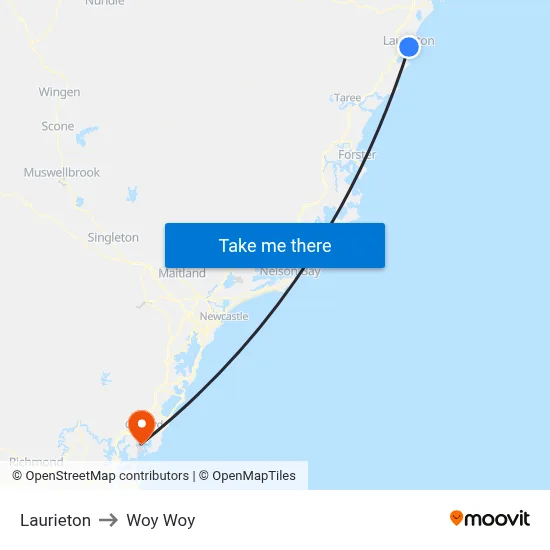 Laurieton to Woy Woy map