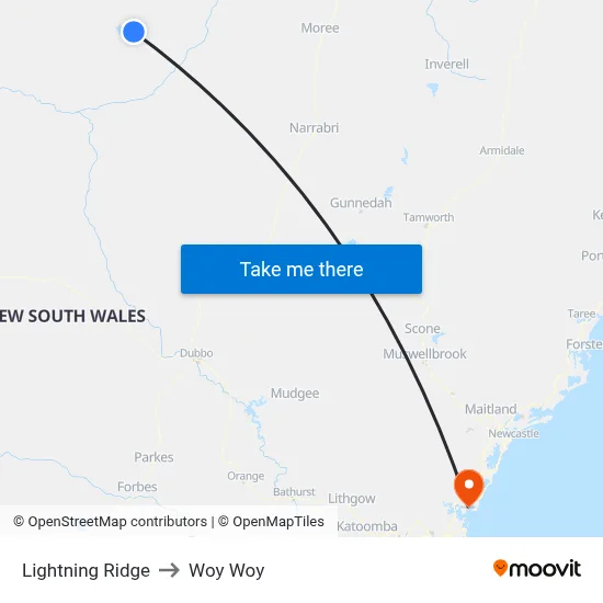 Lightning Ridge to Woy Woy map
