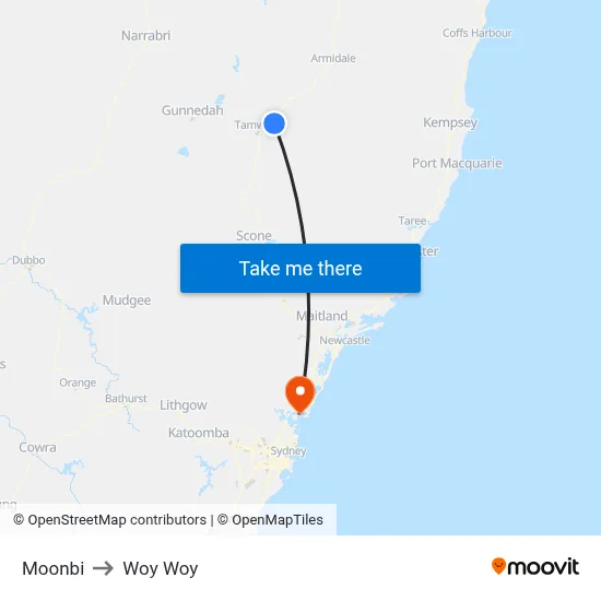 Moonbi to Woy Woy map